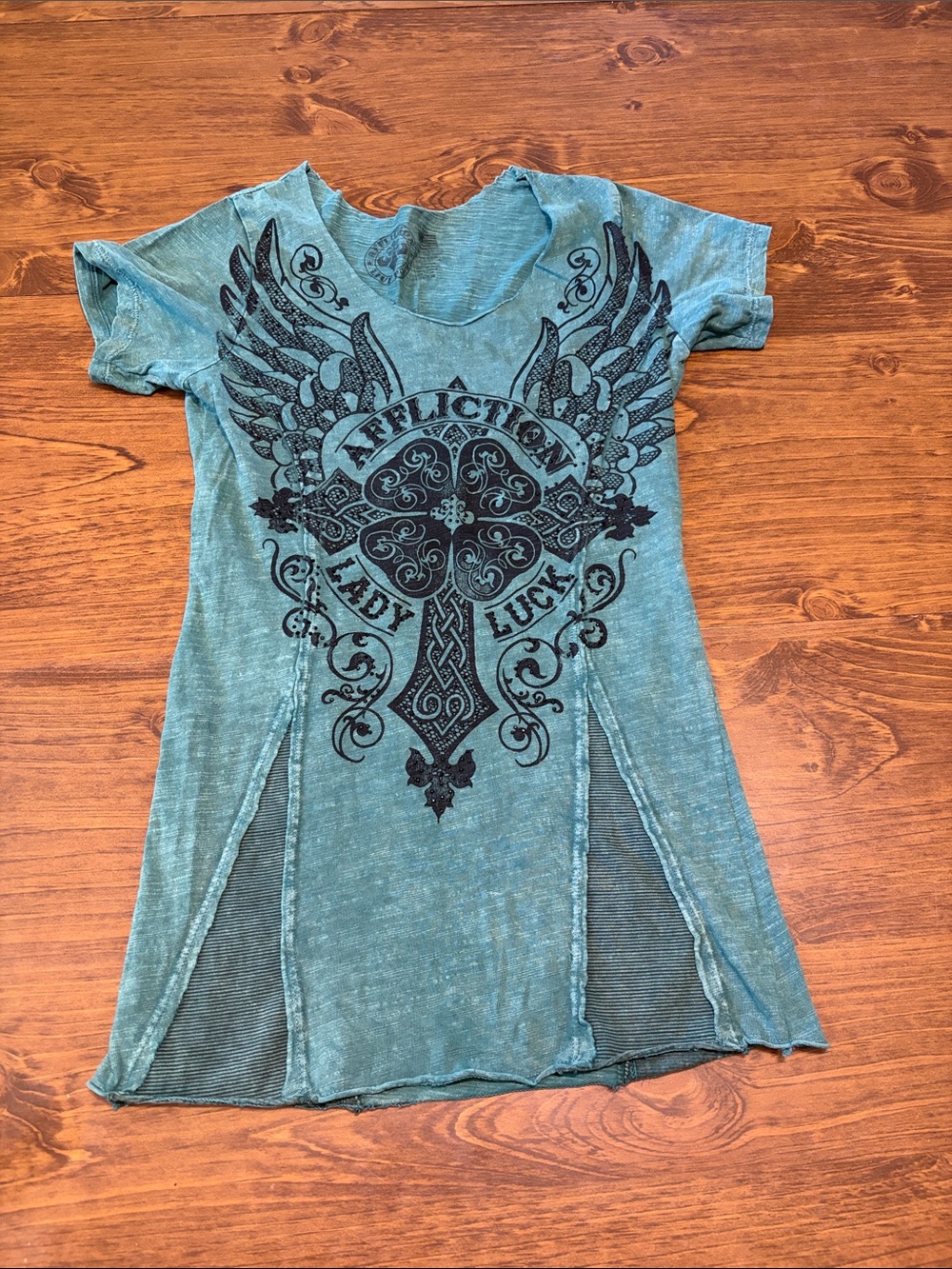 Affliction Teal Short Sleeve with Black Winged Graphic